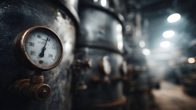 Close up of a vintage industrial pressure gauge on a dark rustic metal tank in a factory setting