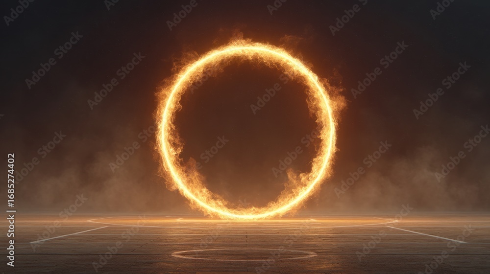 Poster glowing fiery circle on dark background with smoke in an atmospheric setting for abstract and fantas
