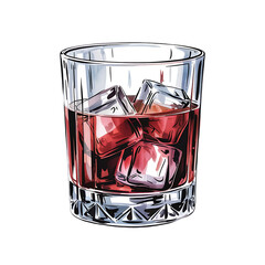 Watercolor Illustration of Old Fashioned Rocks Glass with Dark Red Cocktail, Large Ice Cubes and Geometric Faceted Cuts on White
