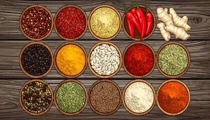 Colorful spices in wooden bowls on a rustic table