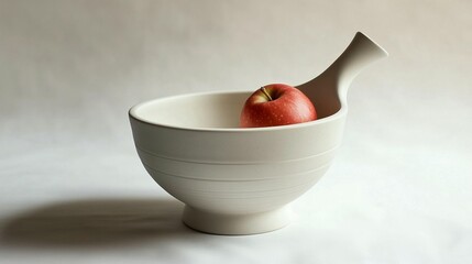 White Ceramic Bowl with Handle & Apple