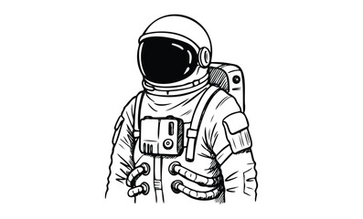 Black and white drawing of astronaut in spacesuit with helmet. Vector retro hand drawn illustration