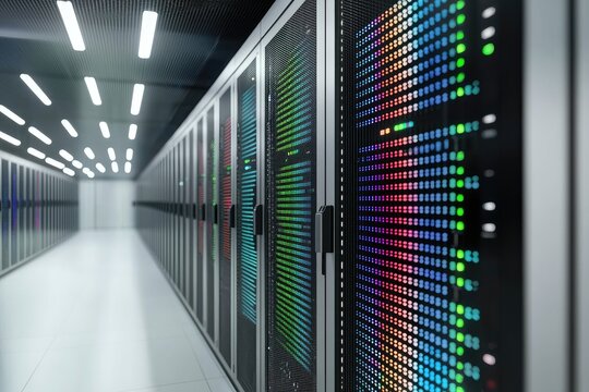 Modern data center with glowing server racks and colorful LED lights along corridor, symbolizing cloud computing, IT infrastructure, secure storage, and advanced digital networking