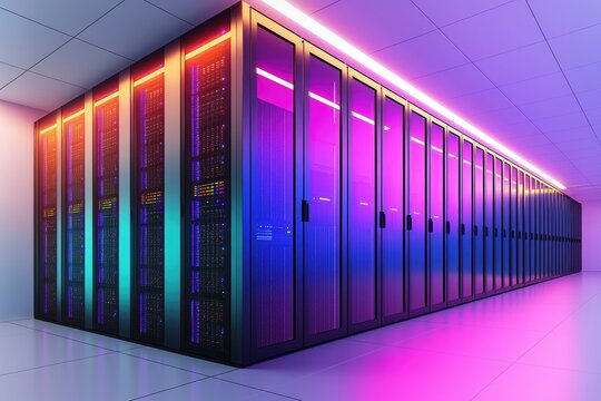 Futuristic server racks in a glowing data center with pink and purple neon lights, representing cloud technology, IT infrastructure, advanced storage, and high performance digital networking