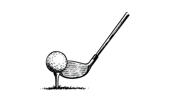 Sketch of golf club striking ball on tee. Vector retro hand drawn illustration