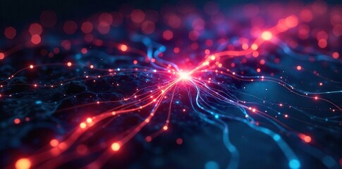 Obraz premium Intricate network of glowing fiber optic cables connecting and interacting, illustrating complex communication and data flow , data, texture