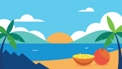 Tropical Beach Scene With Palm Trees Sunset And Fruit landscape ocean