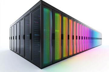Obraz premium High performance data center with rows of glowing server racks in gradient neon lights, symbolizing cloud computing, IT infrastructure, secure storage, and advanced digital networking