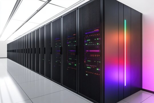 Sleek modern data center with long rows of black server racks glowing with colorful LED strips, representing cloud computing, IT infrastructure, secure storage, and advanced networking