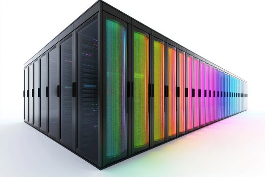 High performance data center with rows of glowing server racks in gradient neon lights, symbolizing cloud computing, IT infrastructure, secure storage, and advanced digital networking