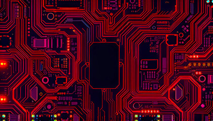 Close-up of a glowing red circuit board with electronic pathways and components, technology concept