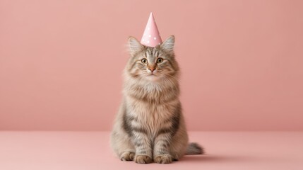 Cute fluffy cat wearing a pink party hat sitting against a pastel pink background, perfect for celebrating special occasions and adding joy to any design project