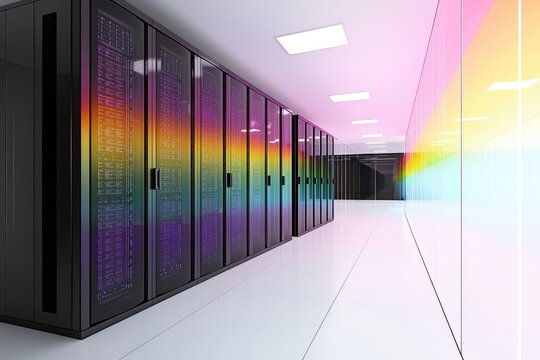 Futuristic data center server racks with rainbow neon reflections on glass wall, symbolizing cloud computing, IT infrastructure, high performance storage, and digital networking