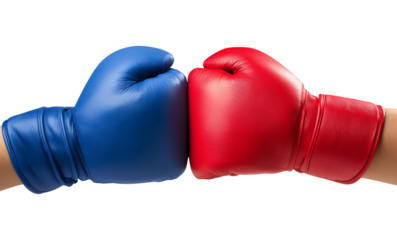 Two opposing boxing gloves, one red and one blue, meet in a powerful clash isolated on a transparent background