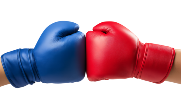 Two opposing boxing gloves, one red and one blue, meet in a powerful clash isolated on a transparent background - Powered by Adobe