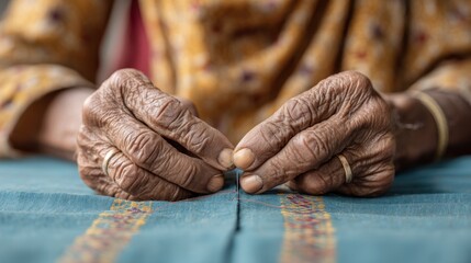 Close-up of hands of an elderly person skillfully threading a needle on fabric with intricate patterns, showcasing the art of traditional sewing techniques