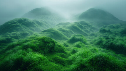 Misty Green Hills Covered with Lush Moss