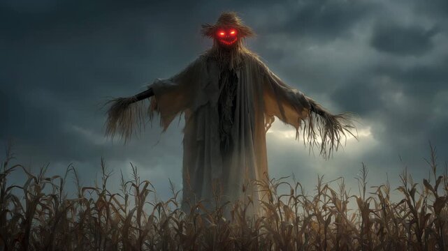 A mysterious scarecrow with glowing eyes looms over a cornfield against a backdrop of dark storm clouds during twilight on Halloween