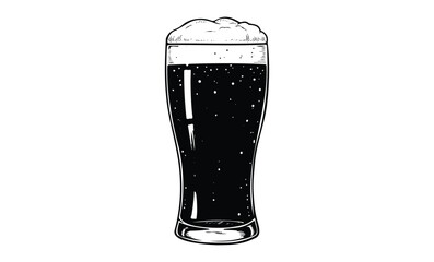 Detailed black and white illustration of a full dark beer glass with foam head. Vector retro hand drawn illustration
