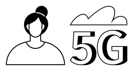 Female avatar outline beside cloud and 5G text, representing fast data, technology and connectivity. Ideal for network, innovation, speed, communication, IoT, user profile digital transformation