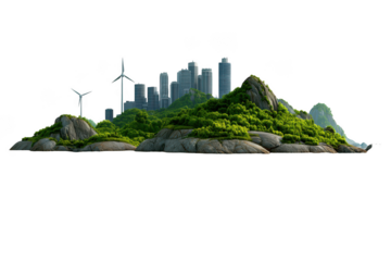 A modern city skyline rises above lush green hills with wind turbines, isolated on transparent background