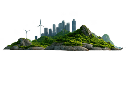 A modern city skyline rises above lush green hills with wind turbines, isolated on transparent background