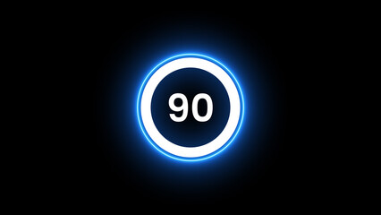 Circle neon countdown timer 90 seconds isolated on black background