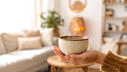 Cozy hand holding a steaming coffee cup in a bright living room