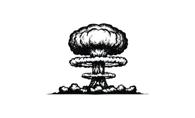 Black and white artistic mushroom cloud explosion illustration. Vector retro hand drawn illustration