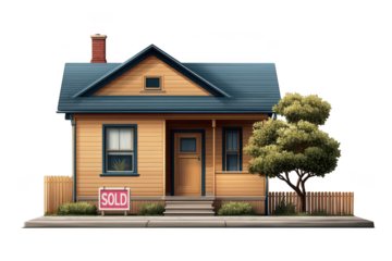 A charming house with a sold sign in the yard, isolated on transparent background