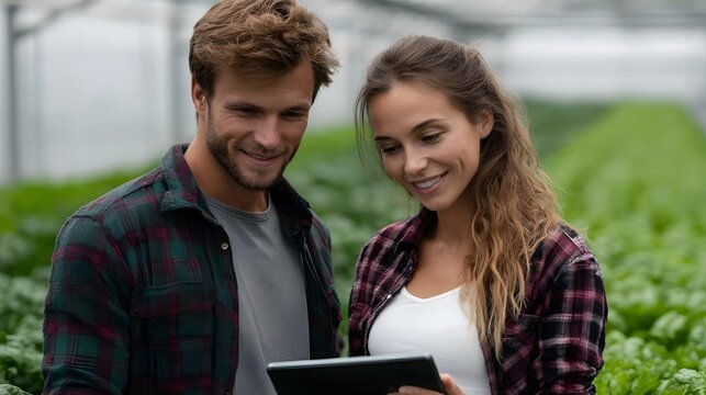 Young couple smiling using a digital tablet to monitor crop growth in a modern greenhouse embodying smart agriculture and sustainable farming