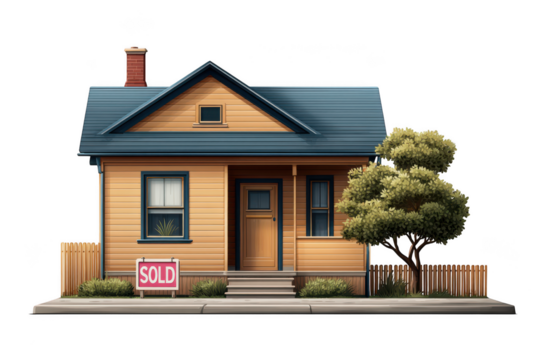 A charming house with a sold sign in the yard, isolated on transparent background - Powered by Adobe