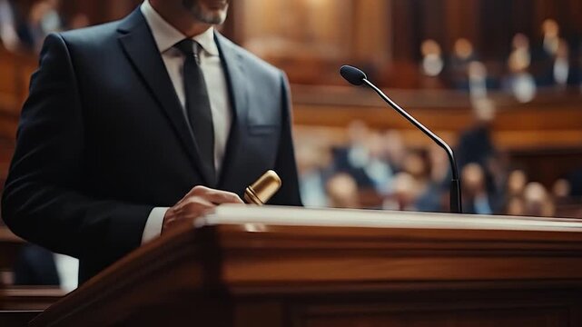 Politician giving speech at podium.