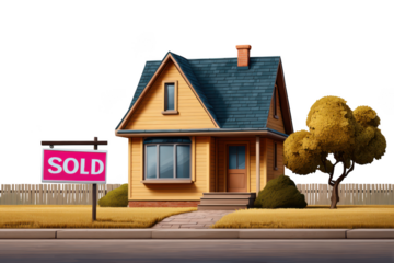 A cozy house with a sold sign on the lawn, indicating a completed real estate transaction isolated on transparent background