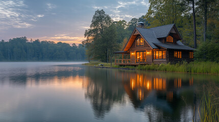Fototapeta premium Lakeside cabin at sunset with warm lights. Cozy retreat in nature ideal for travel and lifestyle concepts.