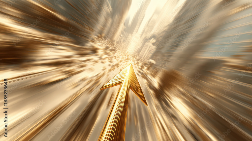 Poster golden arrow pointing forward with motion blur effect, symbolizing progress and dynamic movement in 
