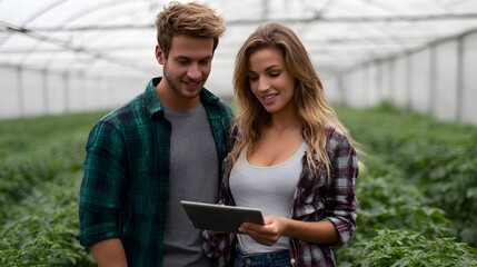 Young couple smiling while using a digital tablet to monitor lush green crops in a bright modern greenhouse showcasing advanced farming techniques
