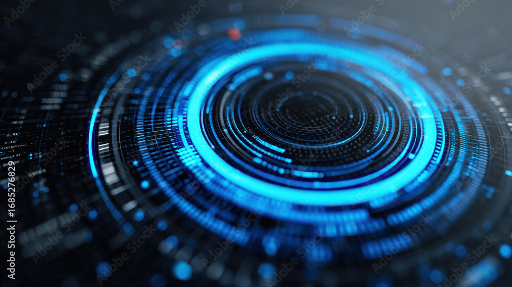Fototapete futuristic digital interface with glowing blue circular elements and data visualization in dark tech