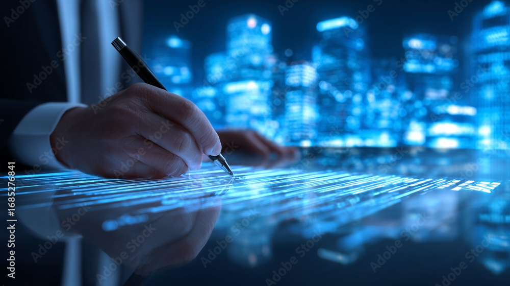 Poster a man is writing on a computer screen
