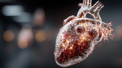 Glowing transparent human heart with internal lights and veins