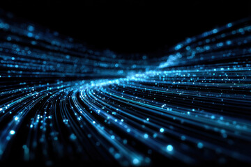 Blue glowing fiber optic cables create dynamic futuristic digital data flow with sparkling light dots on black background