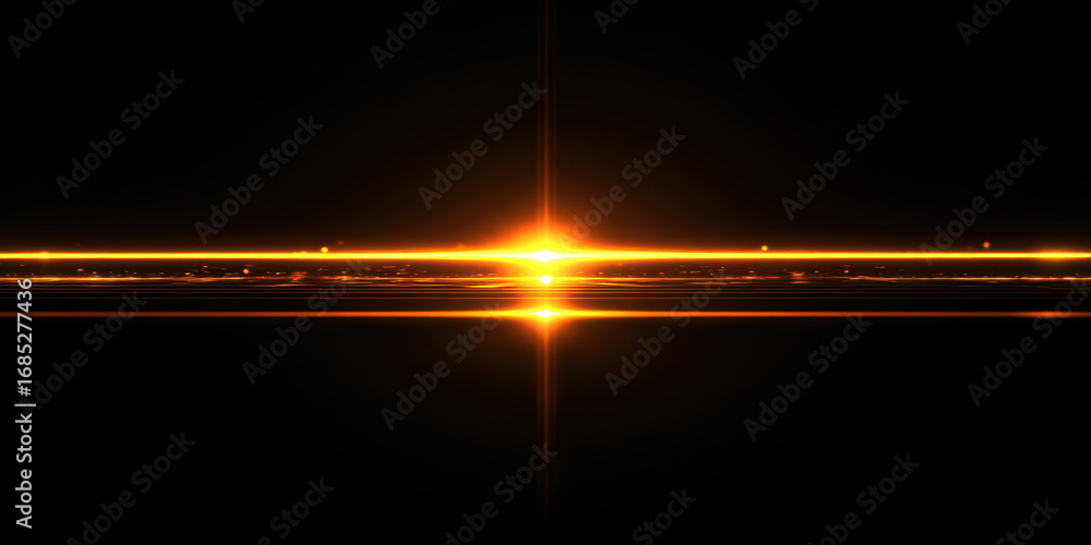 Poster glowing orange light flare with horizontal beams and reflections on black background, creating vibra