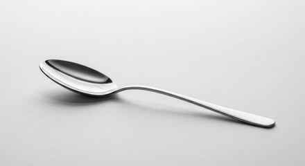 A close-up studio shot of a shiny, stainless steel spoon resting on a neutral surface.