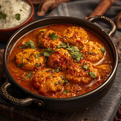 Fototapeta premium chicken curry with rice and vegetables