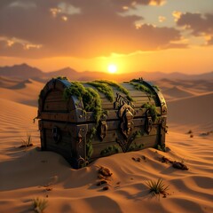 A weathered treasure chest, partly buried in desert sand, glowing under the golden light of sunset.
