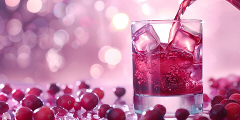 Refreshing drink being poured over ice with vibrant berries and a soft pink background