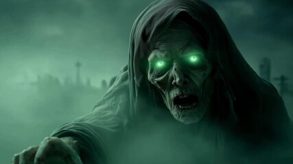A ghostly figure with glowing green eyes emerges from a misty graveyard during twilight, creating an unsettling atmosphere filled with mystery
