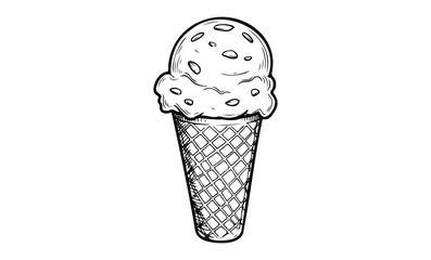 Hand-drawn ice cream cone with waffle texture and scoops. Vector retro hand drawn illustration