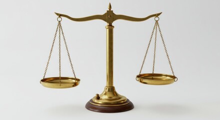 A golden balance scale, perfectly symmetrical, representing justice and fairness on a white background.