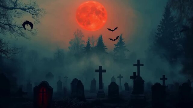 A haunting graveyard is illuminated by a full orange moon while bats flutter through the foggy air